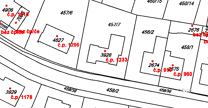 Horka-Domky 1233, Třebíč na parcele st. 3928 v KÚ Třebíč, Katastrální mapa