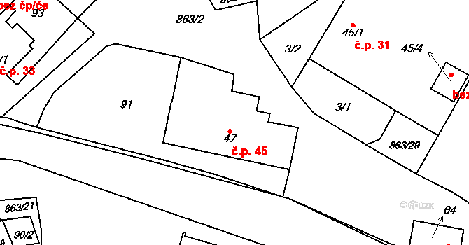 Sedletín 45 na parcele st. 47 v KÚ Sedletín, Katastrální mapa