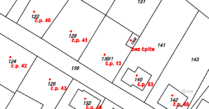 Milonice 13 na parcele st. 130/1 v KÚ Milonice u Lipůvky, Katastrální mapa