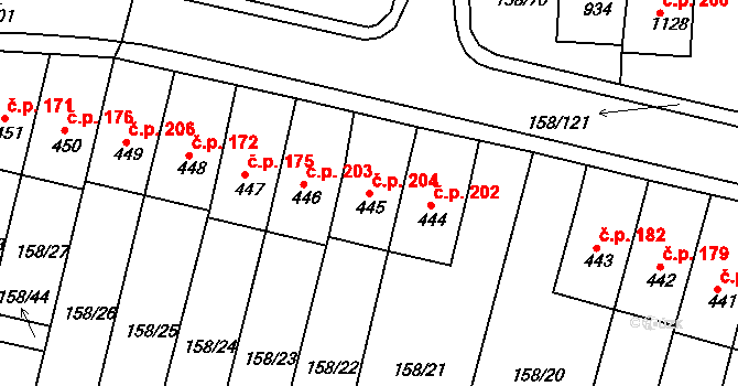 Háje 204, Cheb na parcele st. 445 v KÚ Háje u Chebu, Katastrální mapa