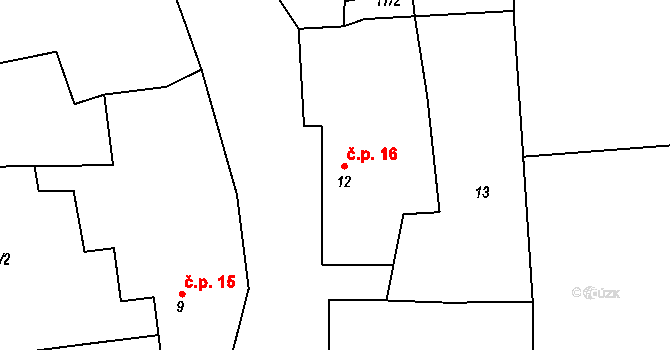 Tobolka 16, Měňany na parcele st. 12 v KÚ Tobolka, Katastrální mapa