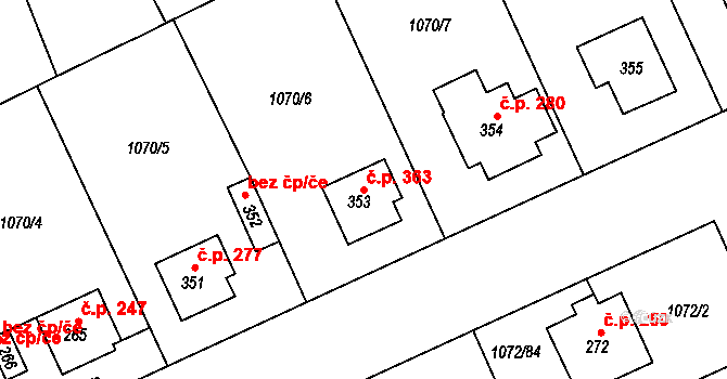 Věkoše 363, Hradec Králové na parcele st. 353 v KÚ Věkoše, Katastrální mapa