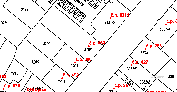 Lobzy 663, Plzeň na parcele st. 3198 v KÚ Plzeň, Katastrální mapa