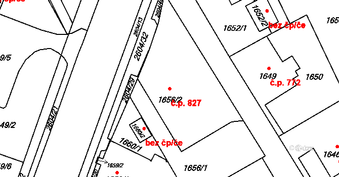 Prostřední Suchá 827, Havířov na parcele st. 1656/2 v KÚ Prostřední Suchá, Katastrální mapa