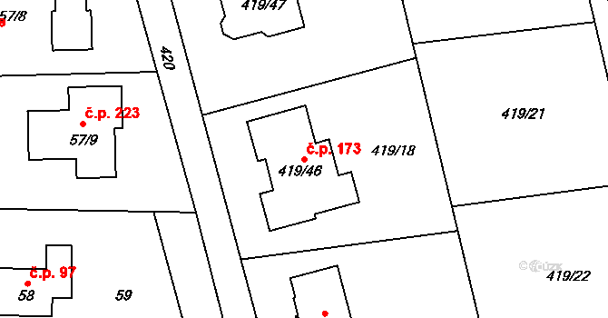 Tovéř 173 na parcele st. 419/46 v KÚ Tovéř, Katastrální mapa