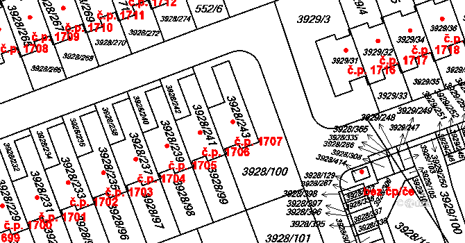 Úvaly 1707 na parcele st. 3928/243 v KÚ Úvaly u Prahy, Katastrální mapa
