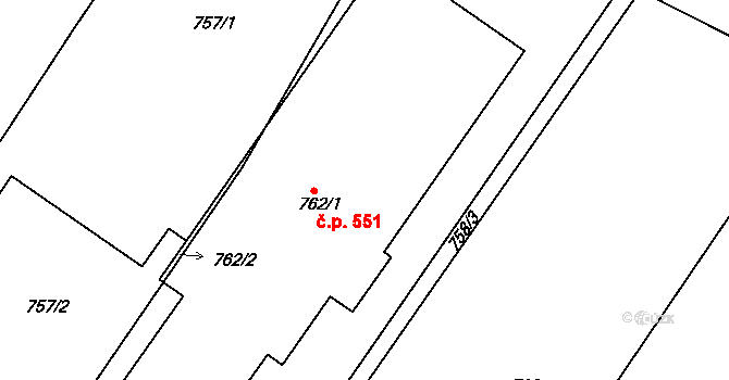Křižanov 551 na parcele st. 762/1 v KÚ Křižanov, Katastrální mapa