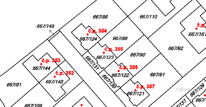 Vážany 355, Kroměříž na parcele st. 667/123 v KÚ Vážany u Kroměříže, Katastrální mapa