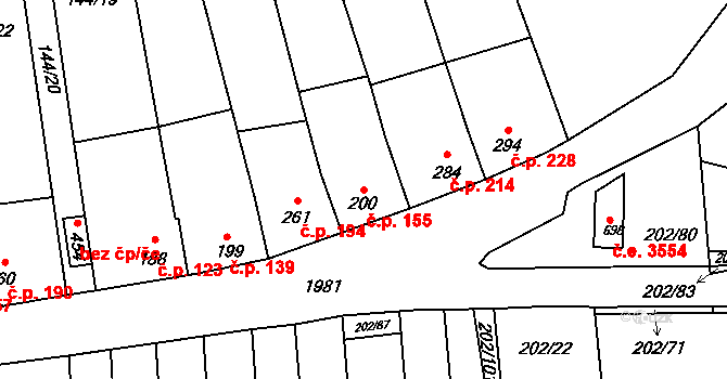 Louky 155, Zlín na parcele st. 200 v KÚ Louky nad Dřevnicí, Katastrální mapa
