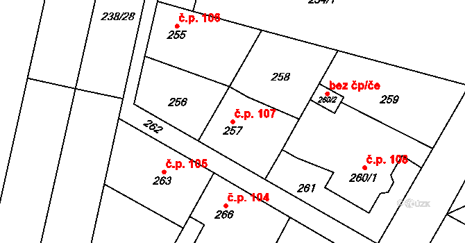 Zábřeh 107, Dolní Benešov na parcele st. 257 v KÚ Zábřeh u Hlučína, Katastrální mapa