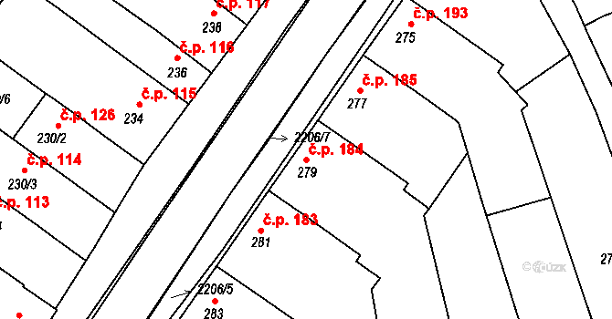 Chylice 184, Ostrožská Nová Ves na parcele st. 279 v KÚ Chylice, Katastrální mapa