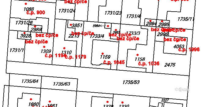 Slaný 1045 na parcele st. 1159 v KÚ Slaný, Katastrální mapa