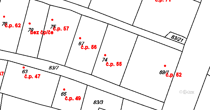 Krupá 55 na parcele st. 74 v KÚ Krupá u Kostelce nad Černými Lesy, Katastrální mapa