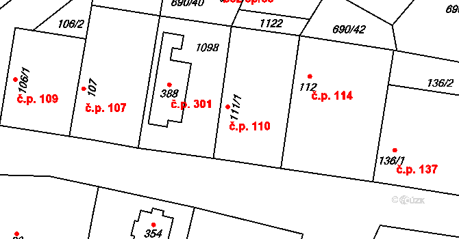 Tuhaň 110 na parcele st. 111/1 v KÚ Tuhaň, Katastrální mapa