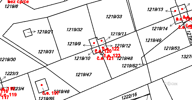 Vejprnice 121 na parcele st. 1219/10 v KÚ Vejprnice, Katastrální mapa