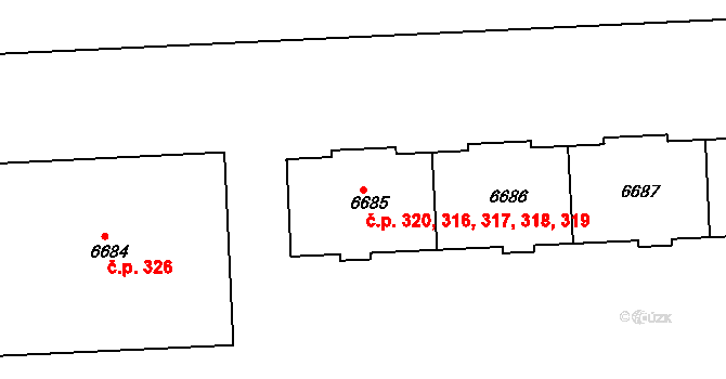 Polabiny 316,317,318,319,320, Pardubice na parcele st. 6685 v KÚ Pardubice, Katastrální mapa