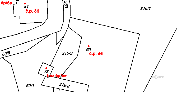 Strupšín 45, Brníčko na parcele st. 60 v KÚ Strupšín, Katastrální mapa
