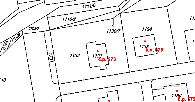 Fulnek 573 na parcele st. 1131 v KÚ Fulnek, Katastrální mapa