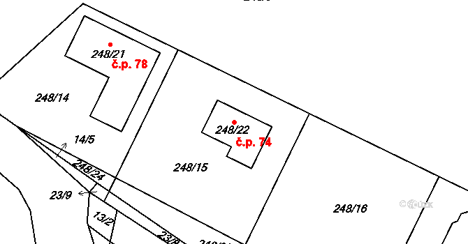 Lešetice 74 na parcele st. 248/22 v KÚ Lešetice, Katastrální mapa