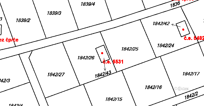 Pelhřimov 5531 na parcele st. 1842/43 v KÚ Pelhřimov, Katastrální mapa