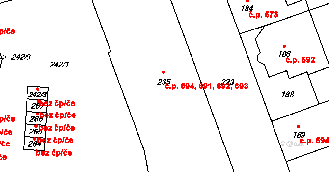 Podivín 691,692,693,694 na parcele st. 235 v KÚ Podivín, Katastrální mapa