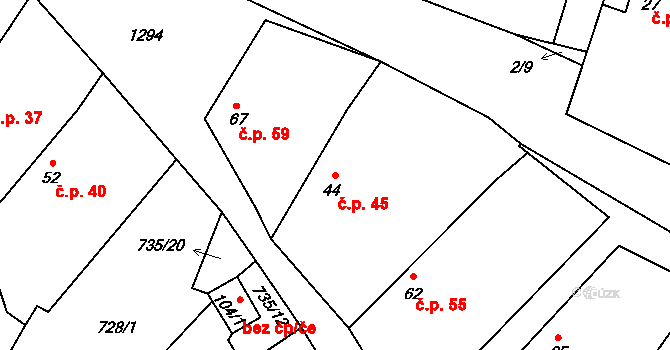 Soběsuky 45, Neurazy na parcele st. 44 v KÚ Soběsuky u Nepomuka, Katastrální mapa