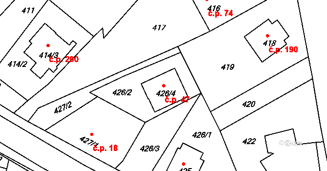 Srubec 47 na parcele st. 426/4 v KÚ Srubec, Katastrální mapa