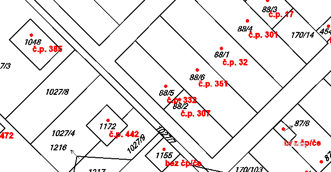 Brandýsek 332 na parcele st. 88/5 v KÚ Brandýsek, Katastrální mapa
