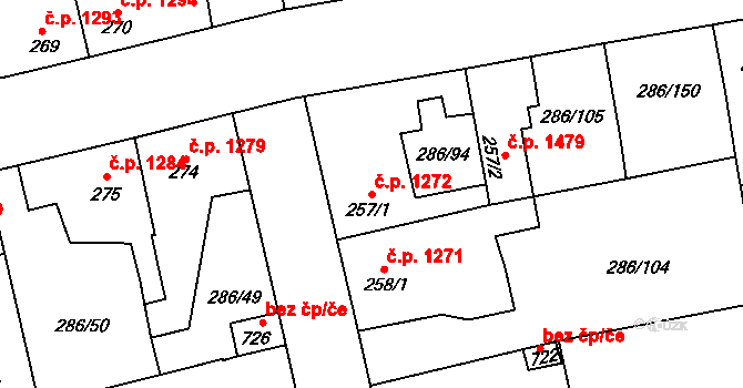 Švermov 1272, Kladno na parcele st. 257/1 v KÚ Hnidousy, Katastrální mapa