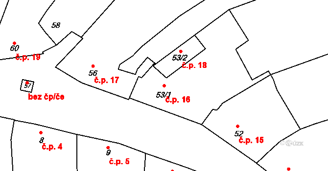 Tážaly 16, Kožušany-Tážaly na parcele st. 53/1 v KÚ Tážaly, Katastrální mapa