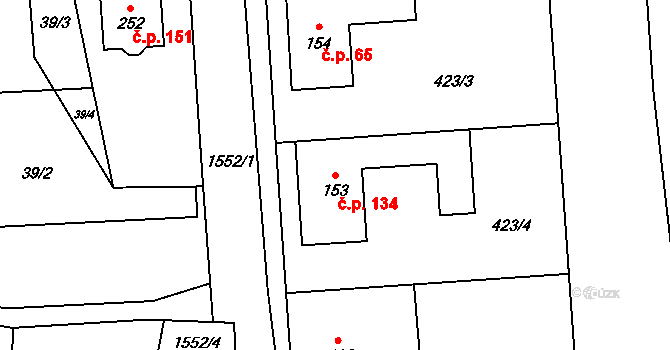 Kladeruby 134 na parcele st. 153 v KÚ Kladeruby, Katastrální mapa