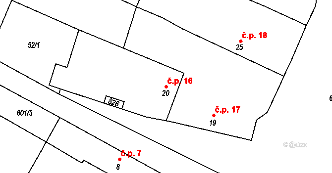 Hrušov 16 na parcele st. 20 v KÚ Hrušov nad Jizerou, Katastrální mapa