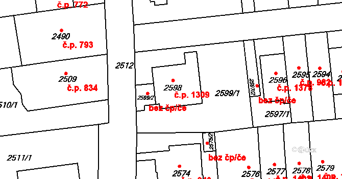 Strašnice 1309, Praha na parcele st. 2598 v KÚ Strašnice, Katastrální mapa
