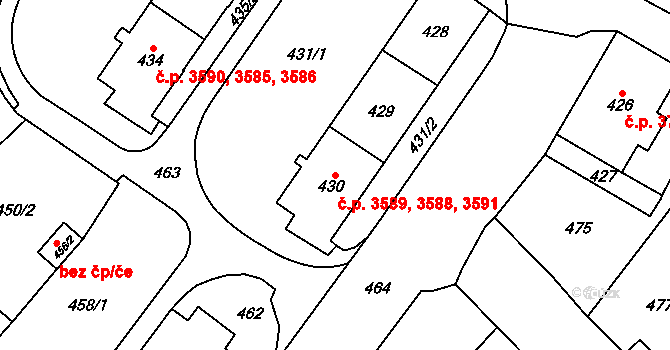 Chomutov 3588,3589,3591 na parcele st. 429 v KÚ Chomutov I, Katastrální mapa