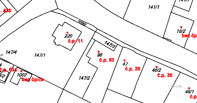 Věkoše 63, Hradec Králové na parcele st. 96 v KÚ Věkoše, Katastrální mapa
