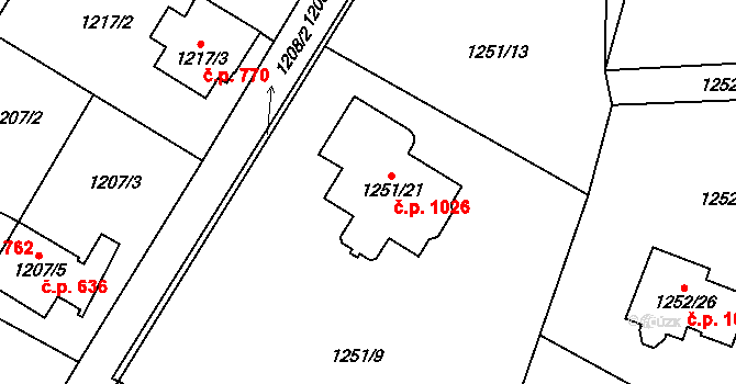 Kosmonosy 1026 na parcele st. 1251/21 v KÚ Kosmonosy, Katastrální mapa