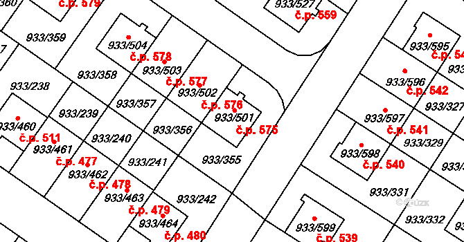 Satalice 575, Praha na parcele st. 933/501 v KÚ Satalice, Katastrální mapa
