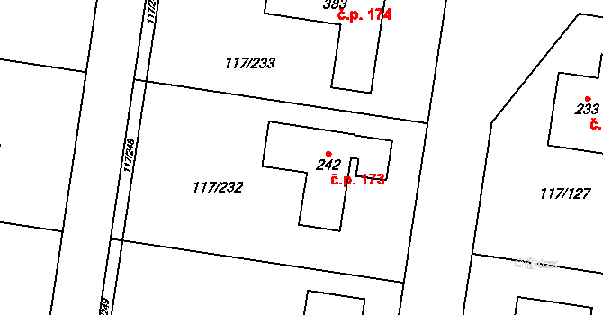 Křenice 173 na parcele st. 242 v KÚ Křenice u Prahy, Katastrální mapa