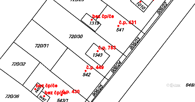 Osek 753 na parcele st. 1343 v KÚ Osek u Duchcova, Katastrální mapa