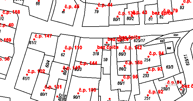 Zámostí 151, Třebíč na parcele st. 319/1 v KÚ Podklášteří, Katastrální mapa
