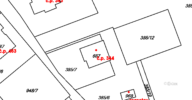 Kudlov 344, Zlín na parcele st. 687 v KÚ Kudlov, Katastrální mapa
