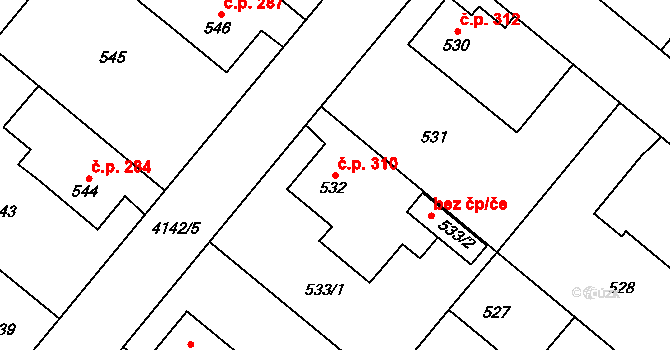 Jakubské Předměstí 310, Jaroměř na parcele st. 532 v KÚ Jaroměř, Katastrální mapa