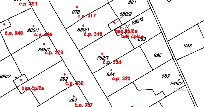 Jedovnice 324 na parcele st. 882/1 v KÚ Jedovnice, Katastrální mapa