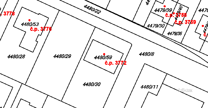 Znojmo 3772 na parcele st. 4480/59 v KÚ Znojmo-město, Katastrální mapa