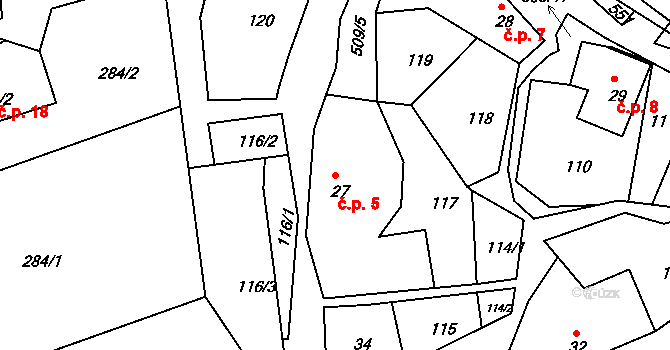 Pivonín 5, Zábřeh na parcele st. 27 v KÚ Pivonín, Katastrální mapa
