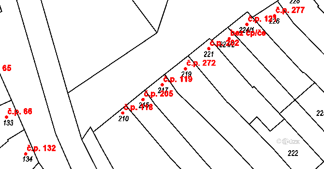 Hrušky 119 na parcele st. 217 v KÚ Hrušky, Katastrální mapa