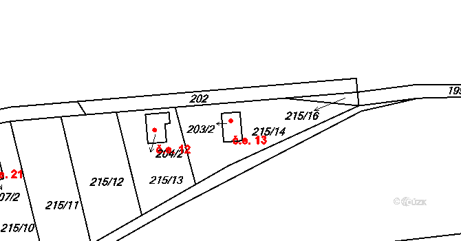 Henčov 13, Jihlava na parcele st. 203/2 v KÚ Henčov, Katastrální mapa