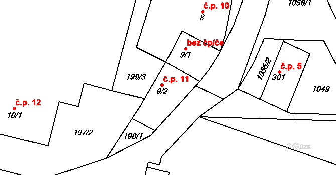 Rožďalovice 11 na parcele st. 9/2 v KÚ Rožďalovice, Katastrální mapa