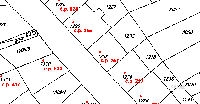 Šardice 257 na parcele st. 1233 v KÚ Šardice, Katastrální mapa