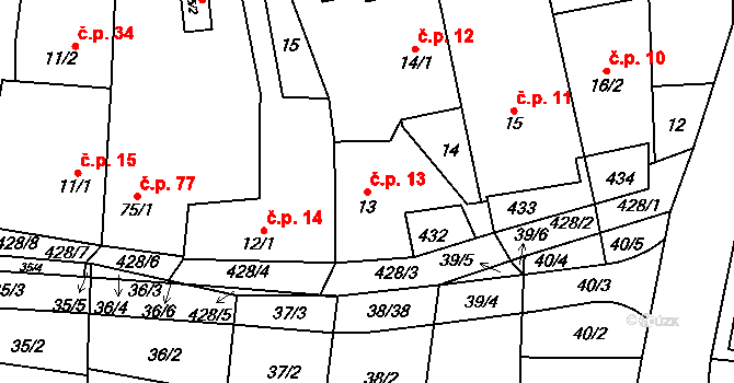 Suchý 13 na parcele st. 13 v KÚ Suchý, Katastrální mapa